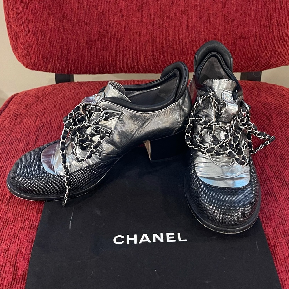Authentic Chanel Silver Ankle Booties w Chain Lace